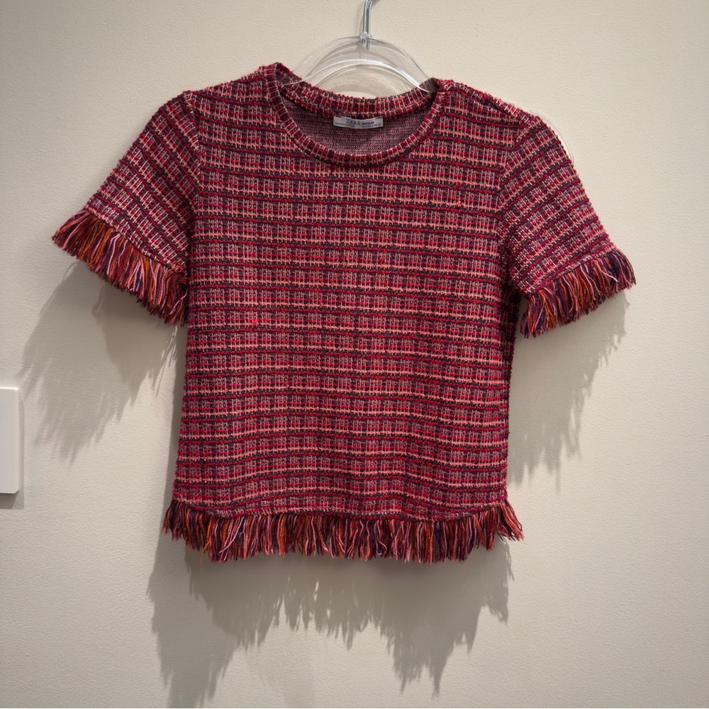 Zara Red and Blue Fringed Tweed Short Sleeve Top Size Small Women’s - Picture 4 of 11